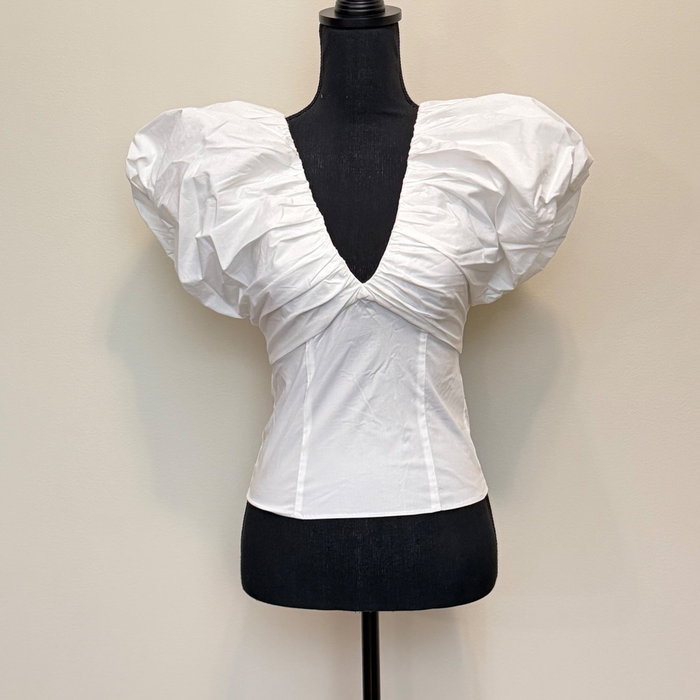 NEW J.Crew White Puff Sleeve V-Neck Bow Back Top Women 00 Peplum Minimalist Chic